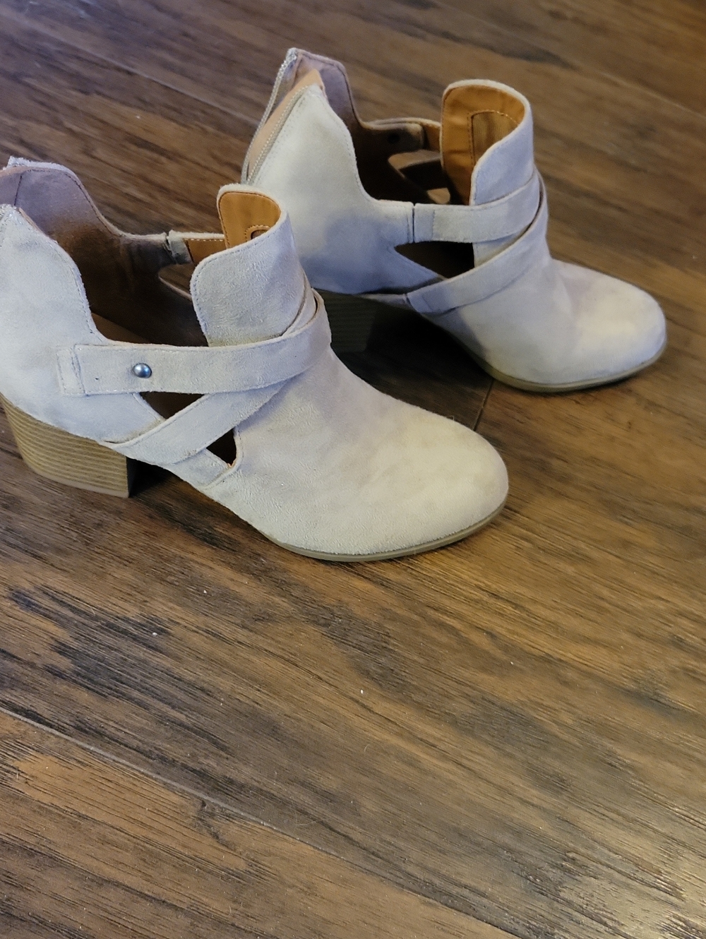 Indigo Cutout Suede Ankle Booties in Light Taupe